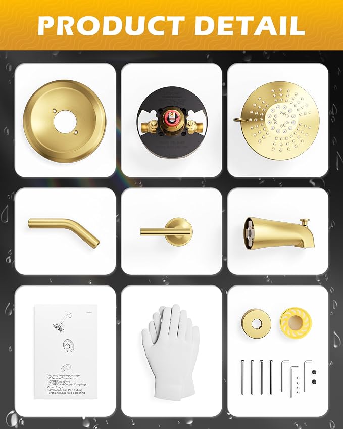 Shower Tub Faucet Set Gold, WOWOW Bathroom Shower Trim Kit with 6-Inch Rain Shower Head and Tub Spout, Single Handle Shower Combo Brushed Gold (Valve Included)