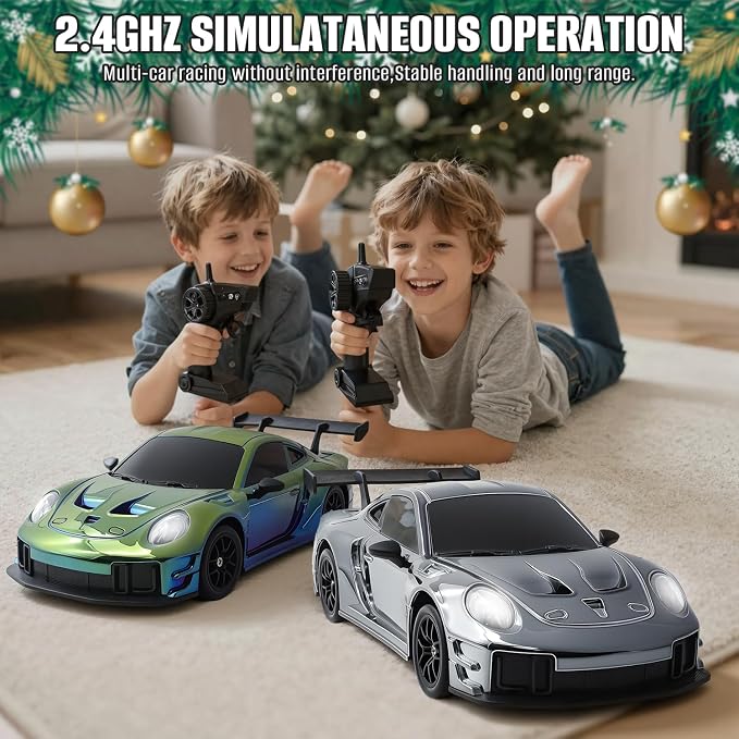 RC Drift Car, 1:24 4WD Remote Control Cars Vehicle with LED Light,2.4GHz 20KM/H High Speed RC Cars with Two Batteries & Drifting Tires Racing Sport Toy for Adults Boys Girls Kids Silve