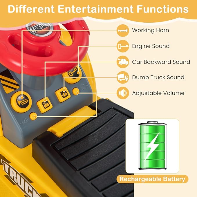 Costzon 6V Ride On Construction Excavator, Outdoor Digger Scooper Tractor Toy W/Safety Helmet, Rocks, Horn, Underneath Storage, Moving Forward/Backward, Pretend Play Ride On Truck (6V)