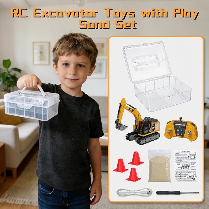 1/64 MINI RC Excavator with Play Sand Box Set,Portable Indoor & Outdoor Construction Truck，Desktop Toy with Lights & Sounds,Gift for Boys Kids 6+ & Adults