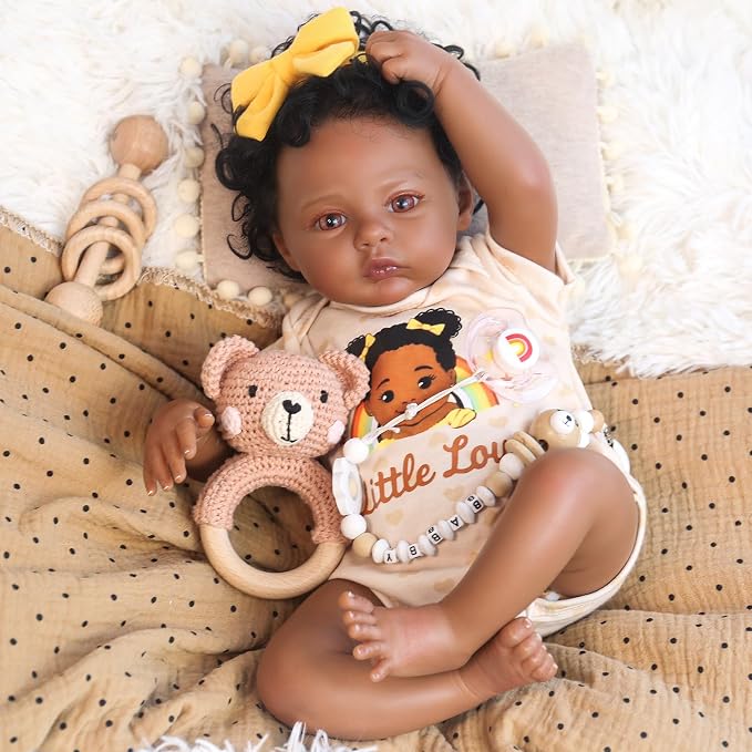 WOOROY Realistic Reborn Baby Dolls Black - 18 Inch Real Life Baby Doll African American with Rooted Curly Hair, Lifelike Awake Newborn Soft Cloth Body Poseable, Complete Gift Set for Kids Age 3+