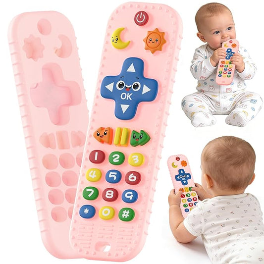 Baby Teething Toys Silicone Baby Remote Teether Over 3 Months - Baby Essentials Sensory Chew Toys - Baby Teether for Teething Relief - BPA Free Infant Toys Baby Shower Gifts (1, Pink)