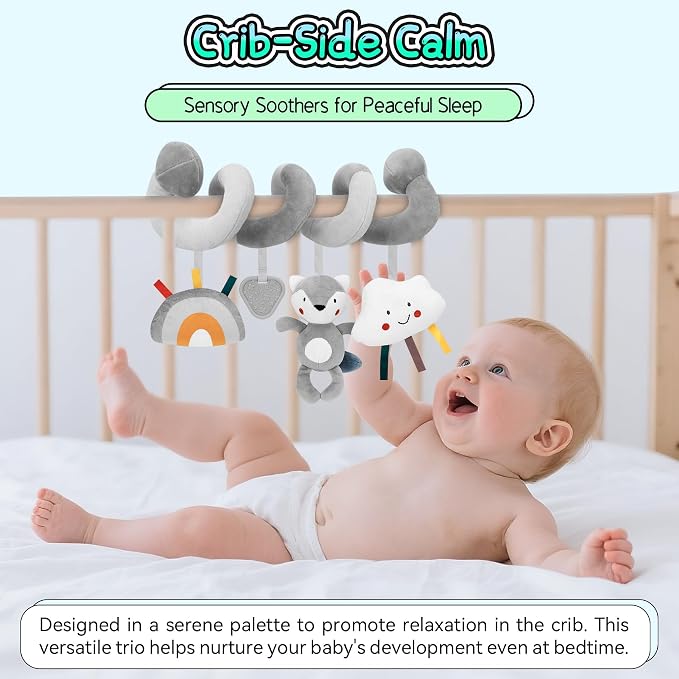 Car Seat Toys for Babies 0-6 Months: Travel Baby Toy for Soft Hanging Toys for Carseat, Spiral Stroller Activity Toy Plush for Infant Boys Girls, Grey Fox