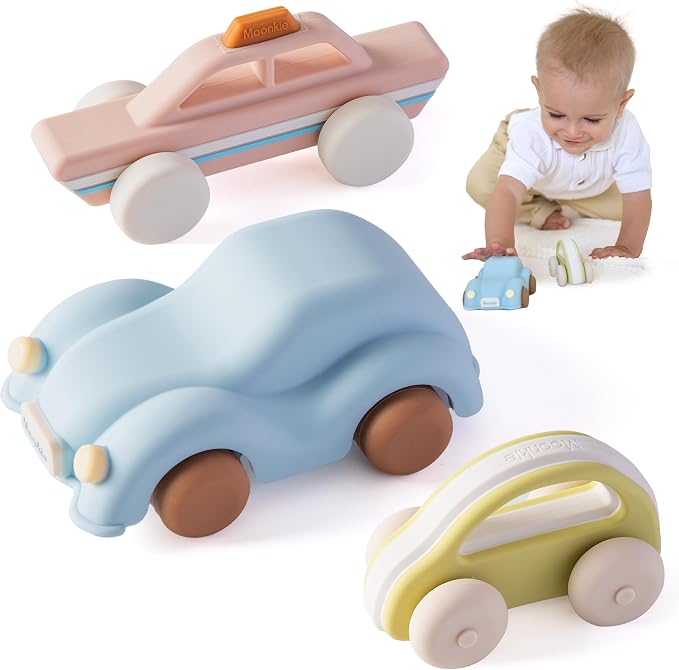 Moonkie Food Grade Silicone Toy Cars for Babies & Toddlers, Push and Go Baby Car Toys 6–12 Months, Hollow Design Infant Toys, Baby Teething Toys 4–6 Months, Birthday Gifts for Boys & Girls, 3 Pack