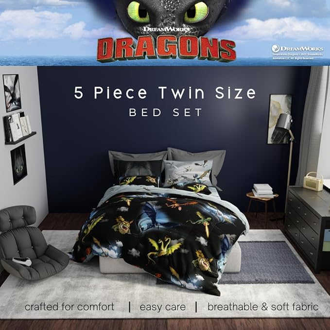 How to Train Your Dragon Kids Bedding Super Soft & Cozy Reversible Microfiber Comforter and Sheet Set with Sham, 5 Piece Twin Size, (Officially Licensed Product) By Franco