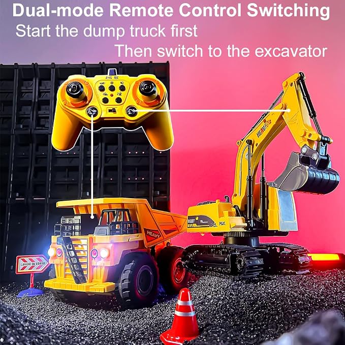 RC Excavator and Dump Truck Toy Set for Kids, 2.4Ghz 11 Channel Dual Control Remote Control Construction Vehicle with Light, Sound, Music & Auto Demo, Christmas Birthday Gifts for Boys Girls Ages 3-8