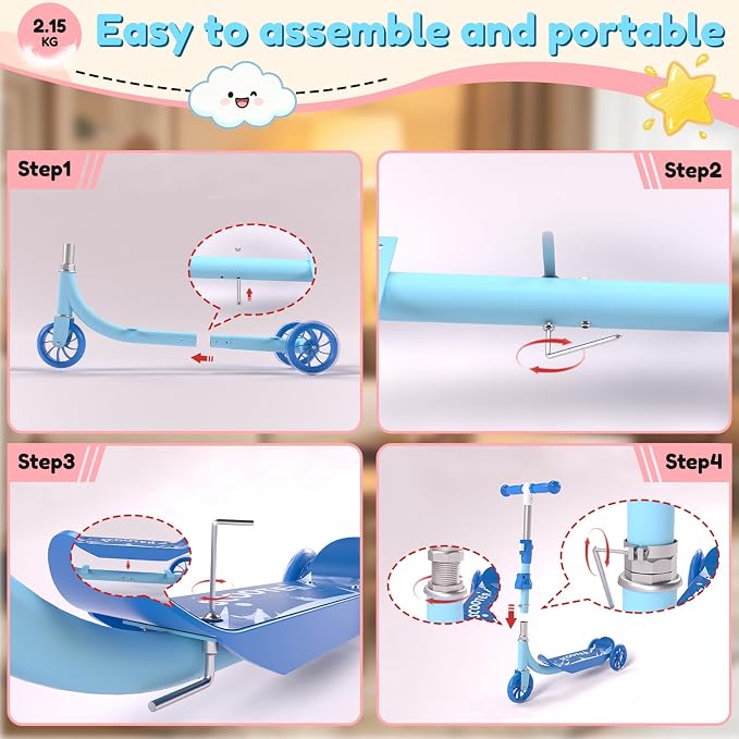 Three Wheel Scooter for Kids 2-5, Light Up Princess Scooters with Handleber-Steer, Adjustable Height Kick Scooters for Boys & Grils, Indoor and Outdoor Use