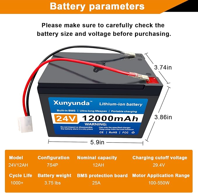 24V 12Ah Battery for Kids Ride-On Toys Includes 2A Charger/25A BMS,Compatible with Dynacraft Realtree 24V Power Wheels