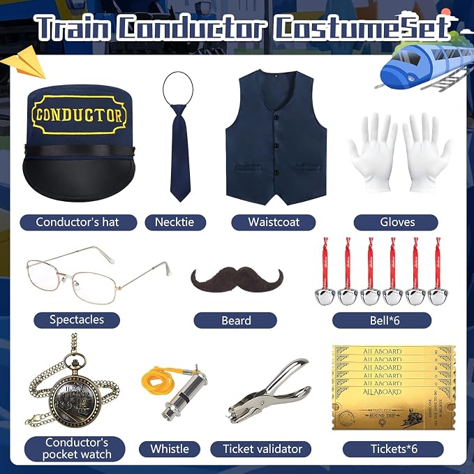 21 Pcs Train Conductor Costume Kids, Conductor Hat Vest Whistle, Bells Train Pocket Watch Christmas Holiday Sticker