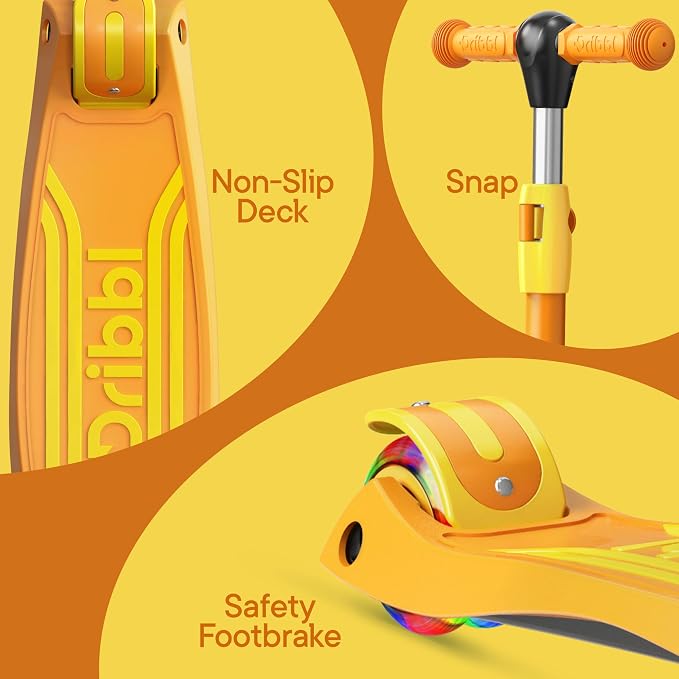 Dribbl 3-Wheel Kids Scooter - Lean-to-Steer Technology, Adjustable Height Handlebar, Wide Anti-Slip Deck, Scooter for Boys & Girls Ages 3+, Child Safety Approved, Support Riders Up to 165 lbs, Orange
