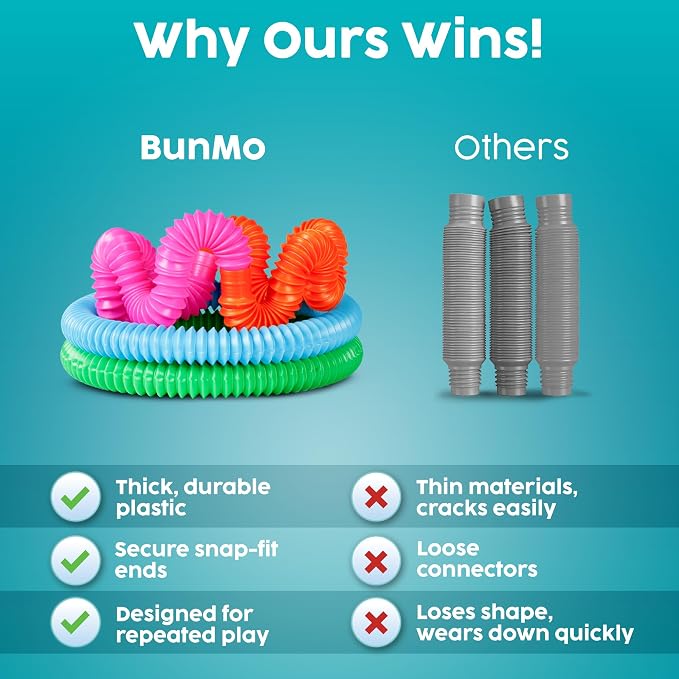 BUNMO Pop Tubes - Sensory Toys - Fidget Toys - Imaginative Play & Stimulating Creative Learning - Hours of Fun for Kids - Tons of Ways to Play - Non-Mouthable Toy 3+ - 8 Pack Large