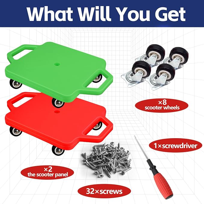 2 Pcs Sports Scooter Board with Handles Colored Floor Sitting Scooter Board with Plastic Casters for Kids Gym Indoor Outdoor Activities Play Equipment