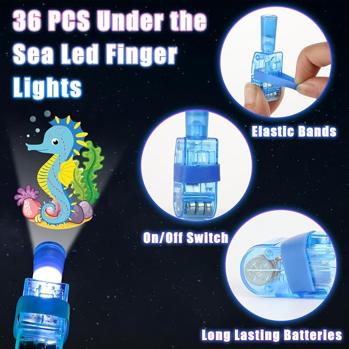 36 PCS Under the Sea Party Favors Ocean Birthday LED Light Up Finger Lights Glow in the Dark Sea Animal Party Finger Flashlights Bulk for Goodie Treat Bags Stuffers Tropic Fish Beach Party Supplies