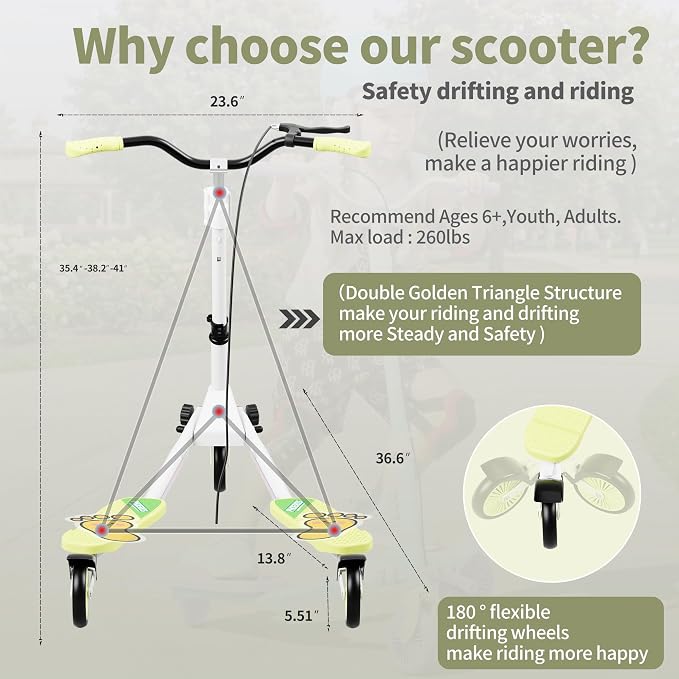 PHOEROS Upgraded Swing Wiggle Scooter,3 Wheels Drifiting Kick Scooter for Kids Ages 6-12,Teens&Adults,Youth Drifting Scooter with LED Light/4 Height Adjustable/Foldable Best Gift for Kids