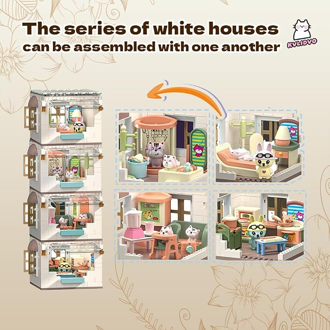 Koko's Cat Town DIY Miniature House Kit, Tiny White House Series Bedroom Building Kit, Purrfect Dollhouse with 251PCS, Cat Toys Gift for Girls Boys Teens Kids Ages 3+