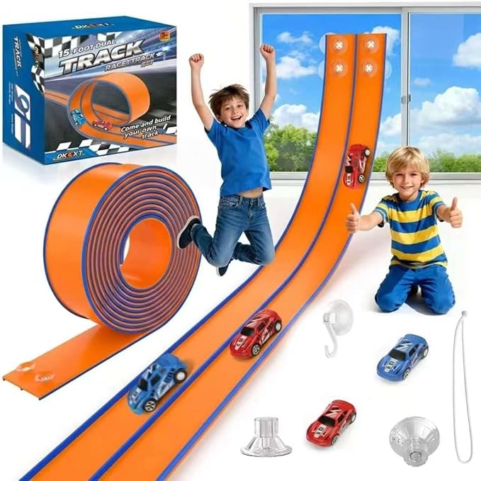 15 Ft Flexible Race Track for Kids, DIY Car Track Set with 2 Toy Cars & 3 Suction Cup Ramps, Easter Basket Stuffers for Teens & Boys Girls, Creative Easter Gifts for Kids, Orange