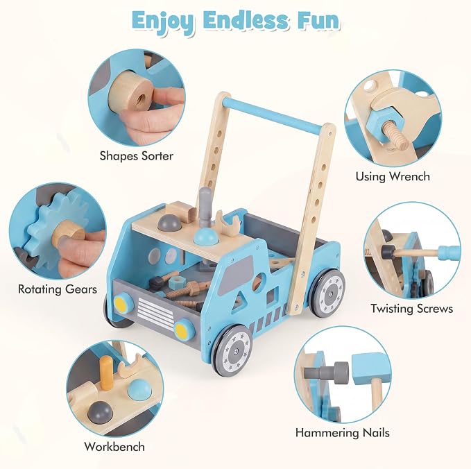 HONEY JOY Baby Push Walker, Adjustable Speed Baby Walker, Wooden Toy Tool Bench & Car Walker w/Shape Sorter, Develop Motor Skills & Creativity, Push Toys for Babies Learning to Walk, Gift (Blue)