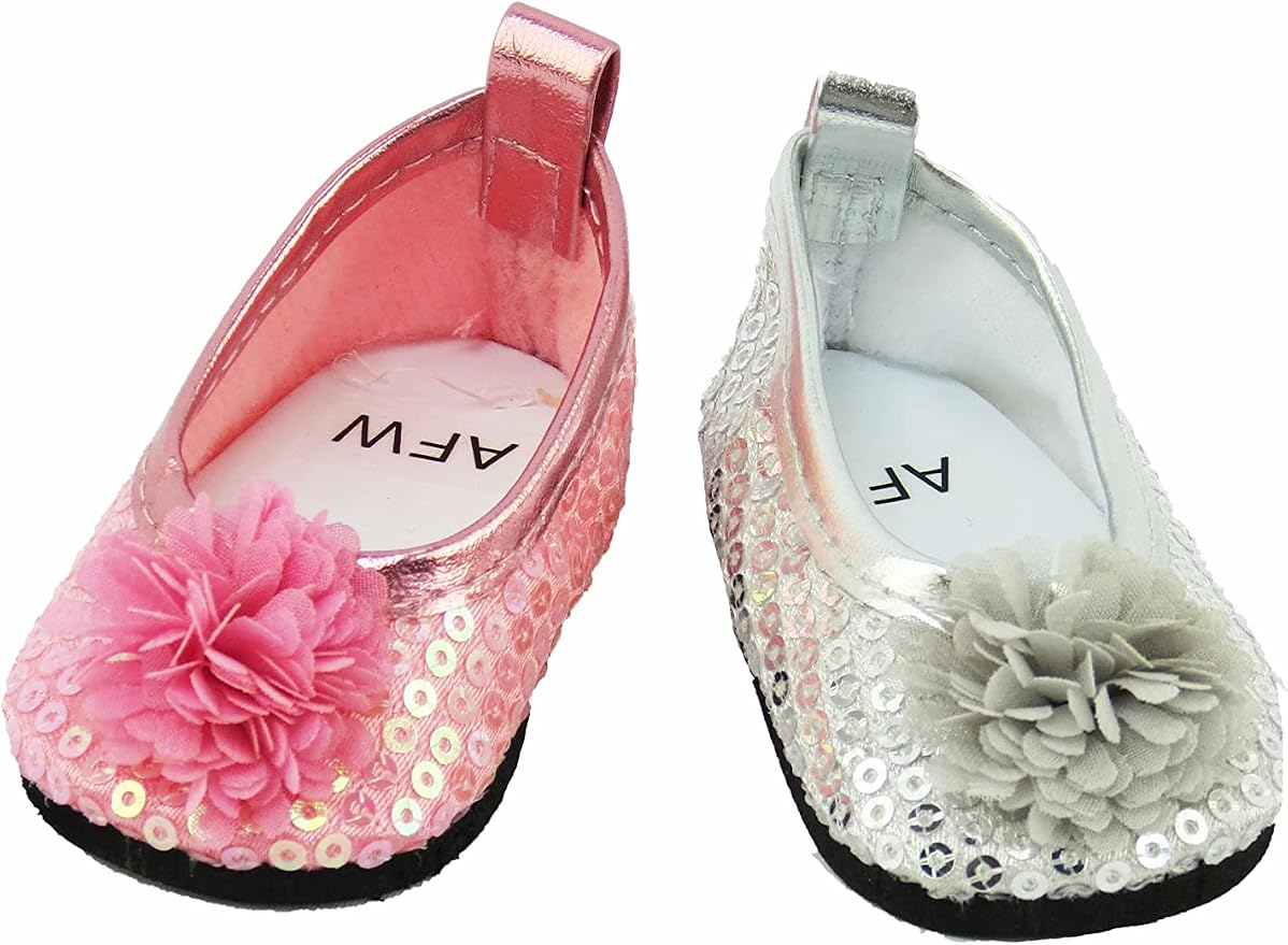 American Fashion World Sequin Flats with Flower for 18-Inch Dolls | 2 Piece Set | Premium Quality & Trendy Design | Dolls Shoes | Shoe Fashion for Dolls for Popular Brands