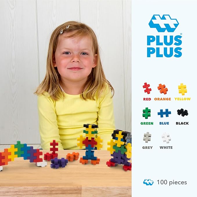 PLUS PLUS Big - 100 Piece Basic Color Mix - Interlocking Large Puzzle Building Blocks, Quiet Stem Toys for Toddlers - Gifts for Boys & Girls