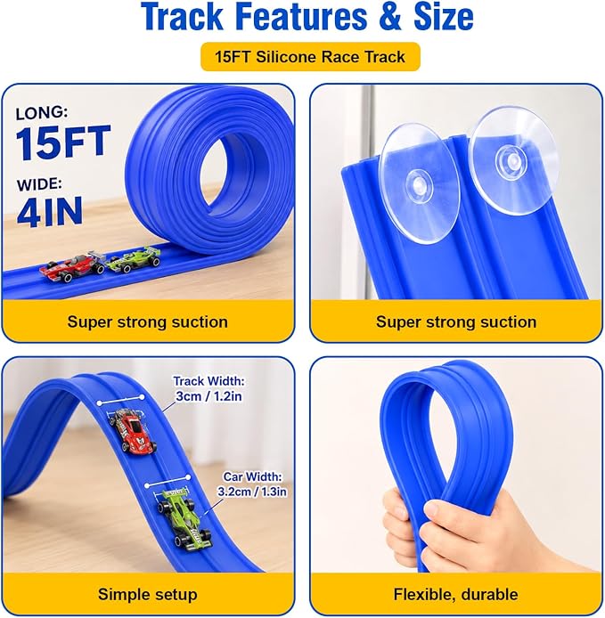 Flexible Race Track Set for Kids: 13 Ft Suction Cup Flex Race Track with 4 Car and 2 Thruster - Rolls Up Portable Racetrack Compatible with Diecast 1/64th Cars Model - Birthday Gifts for Ages 3 4 5 6