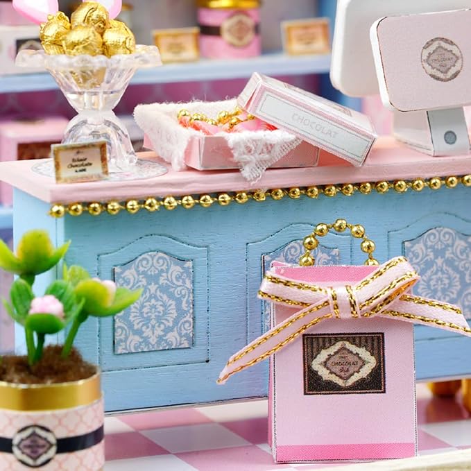 DIY Miniature Dollhouse Kits - Wooden Mini Model House with LED Lights, Tiny Furniture & Accessories – Craft Building Kits for Teens & Adults (Yummy Candy Shop) – Birthday Valentine's Gift