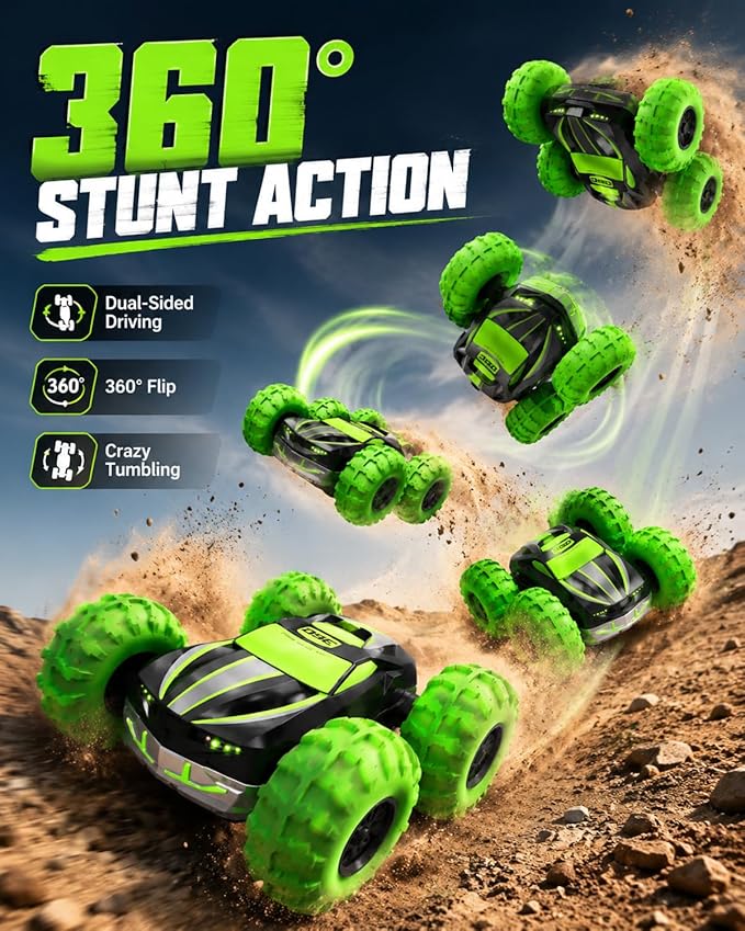 RC Stunt Car for Kids & Dog Chase Fun, 4WD Remote Control Car with Inflatable Bounce Tires, 360° Flips & Spins, Double-Sided Driving, LED Lights, Outdoor Backyard Toy, Gift for Boys Girls