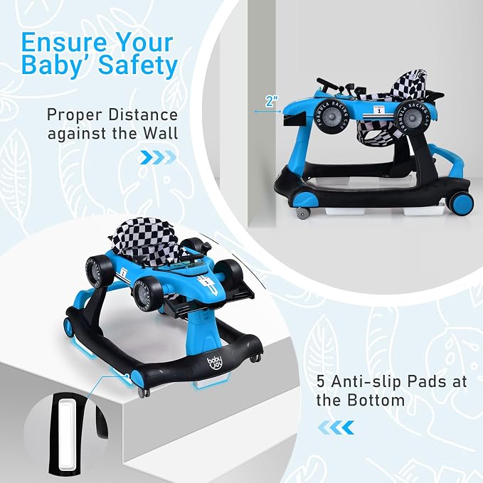BABY JOY 4-in-1 Baby Walker, Foldable Activity Walker with Adjustable Height & Speed, Music, Lights, Anti-Rollover, Toddler Push Walker, Baby Walker with Wheels for Boys Girls 6-18 Months (Blue)