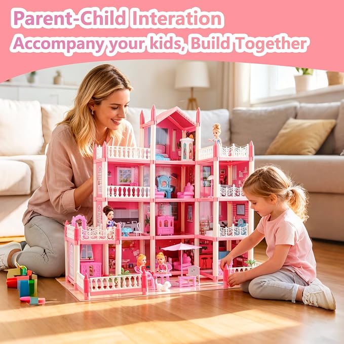 Large Doll House for Girls 3-12 Years Old 11 Rooms Dream Dollhouse with Lights, Play Mat, Dolls, Furniture & Rich Accessories, Perfect Birthday for Kids