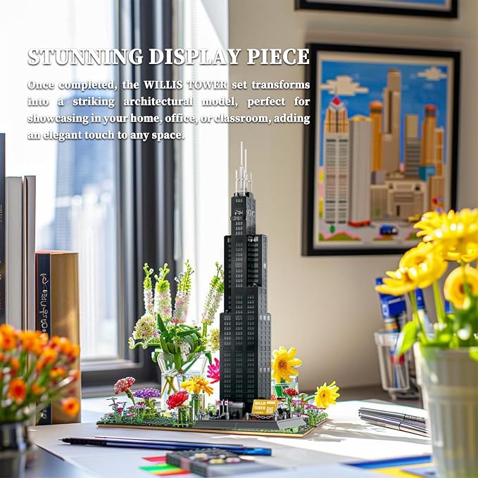 Willis Tower Chicago Architecture Building Block Set 1235 Pcs Famous City Skyline Landmark Model Kit Tall Skyscraper Construction Toy for Adults & Teens Home Office Desk Decor Display Gift