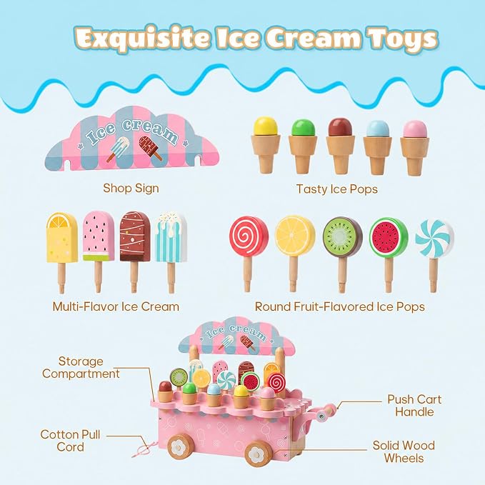BROWNROOT Wooden Ice Cream Cart for Kids, Pull Along Pretend Play Food Toys with Fruit Popsicles Lollipops, Play Kitchen Accessories Preschool Store Toy for Toddlers Girls Boys 3+ Gift