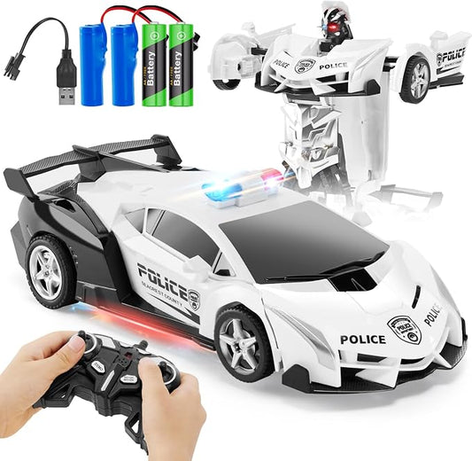 2.4G Remote Control Transformer Car, Rechargeable RC Police Car Toy with Flashing Lights, Convertible Robot & Vehicle, Gift for Kids,Police Transformer Cars for Boys 4 5 6 7 8 9 10 11 12 (Black/White)