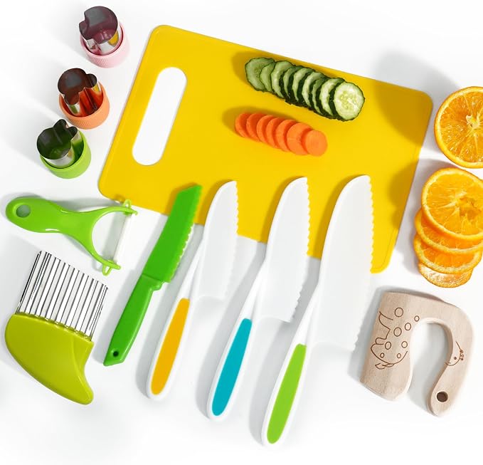 melican Kids Kitchen Knife Set, 11 Pcs Montessori Kitchen Tools for Toddlers 3+ Real Cooking, Include Kid Knives, Crinkle Cutter, Sandwich Cutters, Peeler, Cutting Board, Ideal for Birthday Gifts