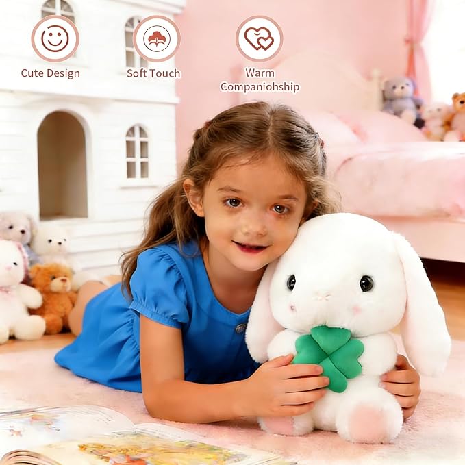 HOUPU Soft Toy - Sitting Lop Eared Rabbit, Easter White Rabbit Stuffed Bunny Animal with Carrot Soft Lovely Realistic Long-Eared Standing Pink Plush Toys (White-Four Leaf,8.6in/22cm)
