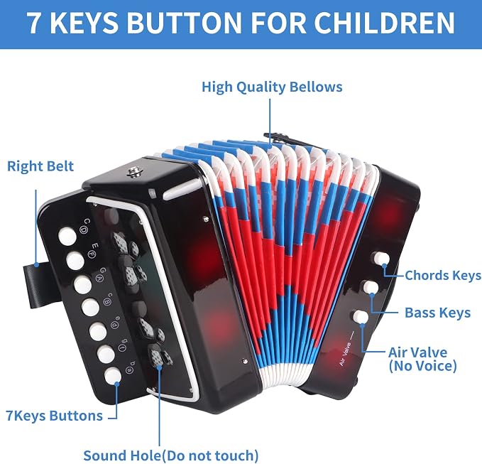 Horse Kids Accordion, 10 Keys Button Control Kid Accordions Musical Instruments for Child Children Toddlers Beginners Accordian Lightweight 7 key 3 Bass Mini Acordeón Toy Acordeones Para Miños Black