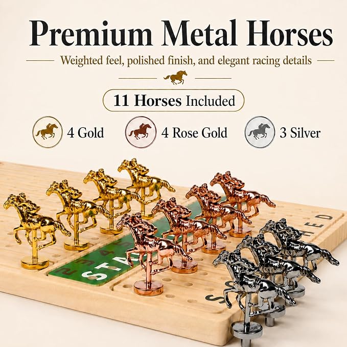 Jyquorp Horse Race Board Game (15.6" x 10") Solid Wood Horse Racing Board Game Set for 2-11 Players with 11 Luxury Metal Horses, 2 Dice & 2 Card Decks, Gifts for Family Party
