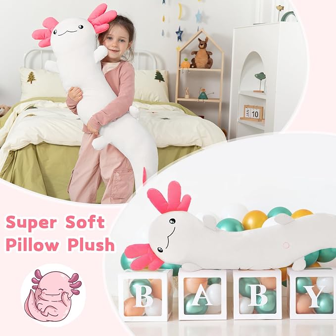 MaoGoLan Giant Axolotl Plush Pillow, Big Axolotl Plush Stuffed Animal Toy for Kid Girl Boy, Jumbo Stuffed Salamander Body Pillow Glow in The Dark, Birthday Day Gift Baby Shower Party Decor, White