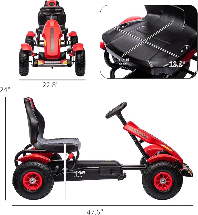Aosom Kids Pedal Go Kart, Outdoor Ride on Toys with Adjustable Seat, Sharp Handling, Handbrake, 4 Non-Slip Rubber Wheels for Boys & Girls Aged 5-12 Years Old, Red