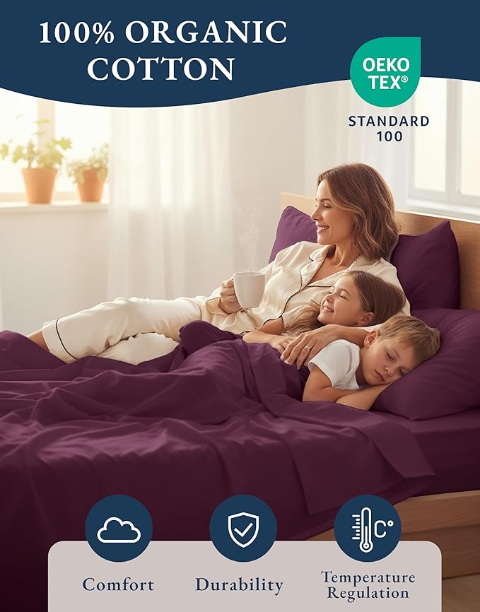 LANE LINEN Twin Sheets 100% Organic Cotton Soft 3pc Percale - Windsor Wine