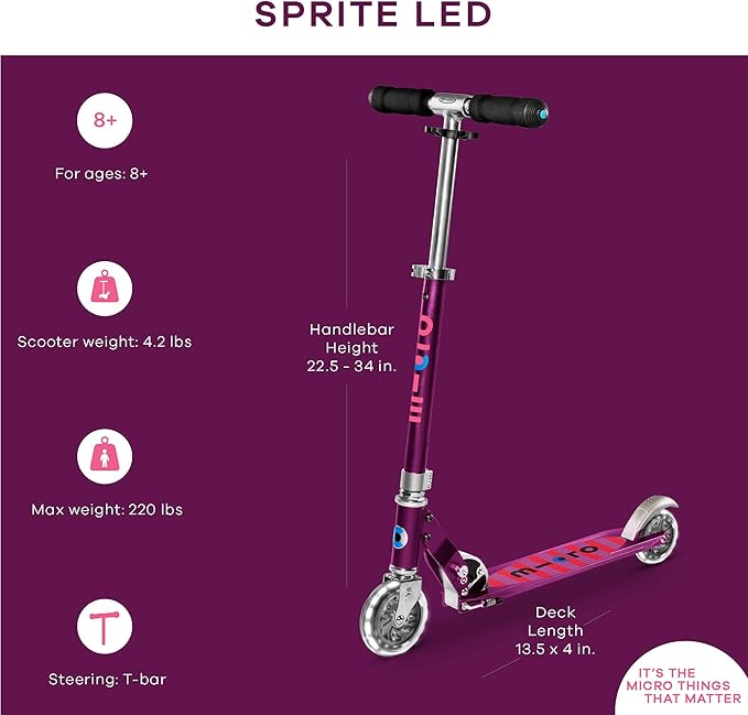 Micro Kickboard | Sprite Foldable LED Scooter for Ages 6+ | Children up to 220 lbs | 2 Wheel | Travel Ready | Adjustable T Bar | Smooth Ride, Motion Activated PU LED Wheels | Swiss Design