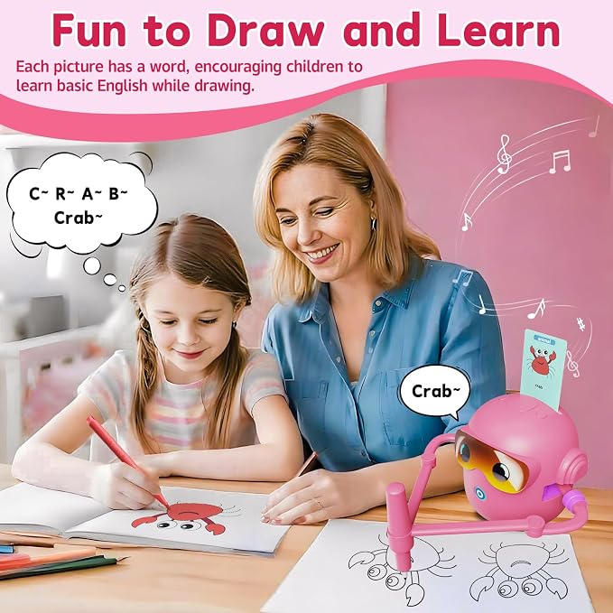 Peledic Drawing Robot Toy for Kids with 100 Word Cards & 12 Color Pens, Voice Interactive Educational Drawing Machine, Montessori Painting Toys for 3 4 5 6 7 8 Year Old Boys Girls Easter Gifts (Pink)