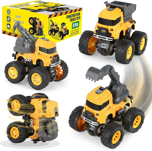 Construction Truck Toys, Push and Go Toy Trucks for Toddlers Kids Age 3-8, 4 Pack Friction Powered Car Toys Include Crane Mixer Excavator Dump Truck Best Christmas Birthday Gift for Boys Girls