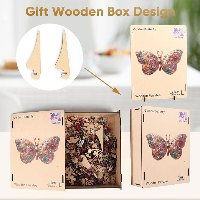 Mocfesk Wooden Puzzles for Adults, Golden Butterfly Puzzles, Unique Shaped Jigsaw Puzzles for Adults and Kids, Birthday Gifts Fun Family Game 21.3 x 11.4 in
