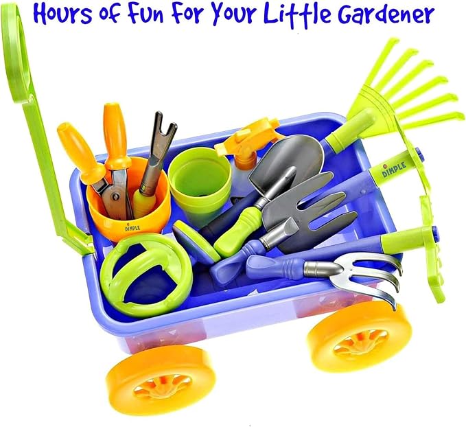 Dimple Garden Wagon & Tools Toy Set, Kids Gardening Set - 15 Pcs Outdoor Toys for Toddlers,Sand Toys - Sturdy & Durable Top Yd, Beach, Sand, Garden Play Set for Kids & Toddler Gardening Tools, Age 3+