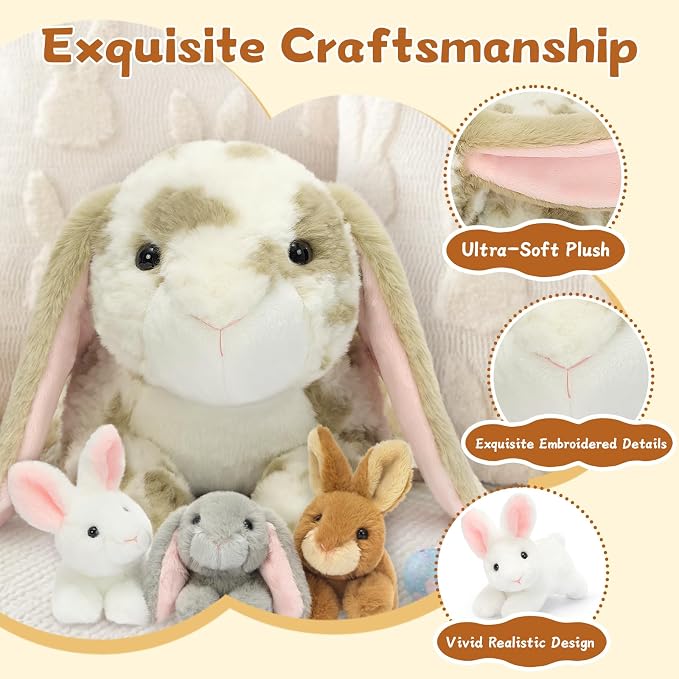 MaoGoLan 4pcs Gray Spotted Lop Eared Rabbit Bunny Stuffed Animal Plush, 17.5" Large Mommy Stuffd Rabbit Plush with 3 Bunny Babies, Cute Soft Stuffed Animal Toy Gift for Girls Boys Kids