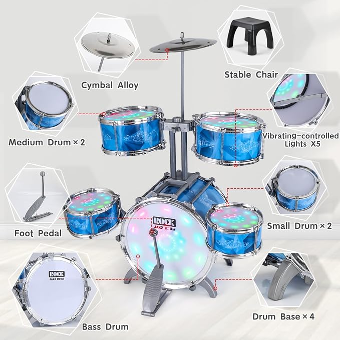 Kids Drum Set for Toddlers with 5 Jazz Drum Kit & Lights (Vibrating-Controlled) & Alloy, Musical Instruments Toys, Boys Gifts for Aged 1-3 3-5