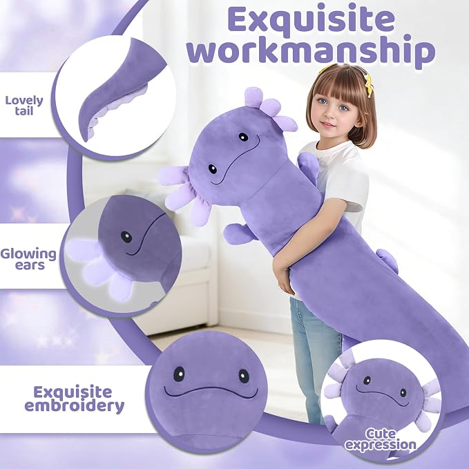 Tianmihou 48 Inch Giant Axolotl Stuffed Animal, Cute Plush Toy Purple Axolotl Body Pillow for Kids, Soft Salamander Glow in The Dark Plushie Gifts for Girls, Boys, Birthday