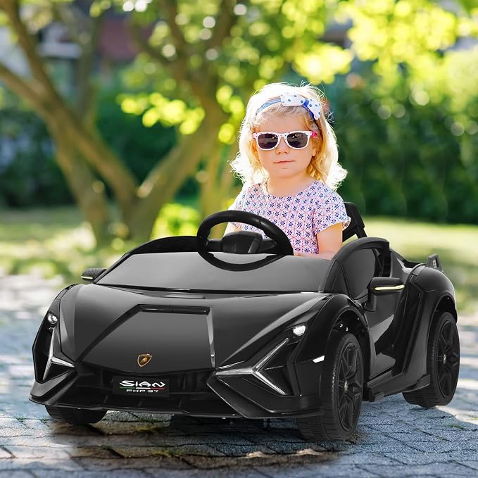 OLAKIDS Kids 12V Licensed Lamborghini SIAN Ride On Car, Electric Vehicle for Toddler with Control Remote, Battery Powered Toy with Music, Horn, 2 Speeds, Suspension, LED Lights, Bluetooth (Black)