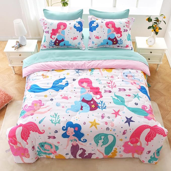 Wajade Kids Mermaids Comforter Set Bed in A Bag Twin Size 7 Piece Colorful 3D Cartoon Mermaids Bedding Set for Girls (1 Comforter, 1 Flat Sheet, 1 Fitted Sheet, 2 Pillowcase and 2 Pillow Sham)