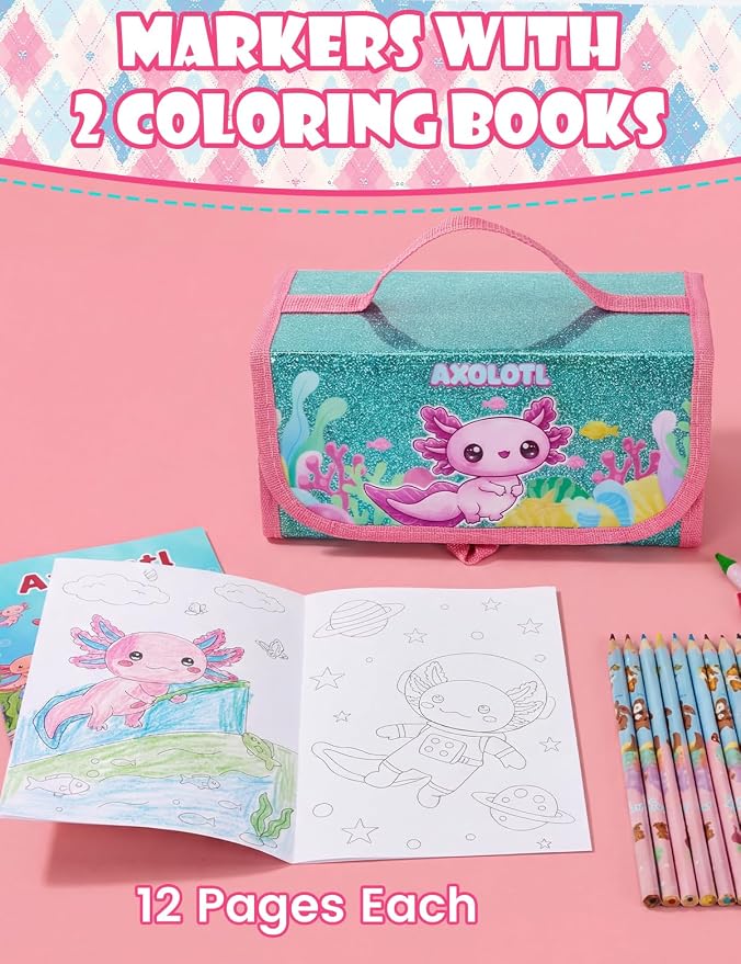 Defresit 129 PCS Washable Markers Set- Axolotl Gifts for Girls, Art Supplies for Kids with Glitter Pencil Case, Coloring Kits for Kids, Ideal Gifts for Birthday Christmas Back to School