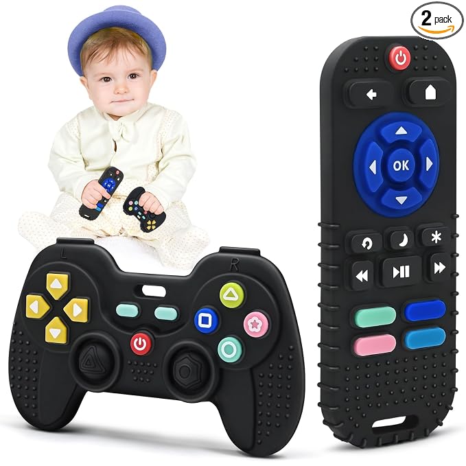 Baby Teething Toys for 3-6-12 Months, Silicone Sensory Teether Remote & Game Controller, BPA-Free Infant Teething Relief Toy for Newborn Boys Girls, Soothing Autism Gift for Birthday or Easter